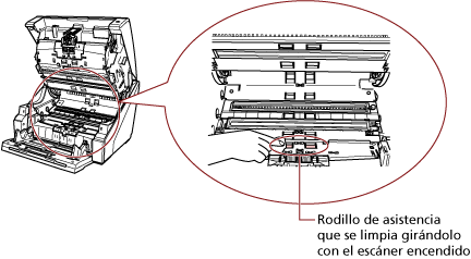 Limpieza de los rodillos de asistencia en la parte inferior de la ruta del papel
