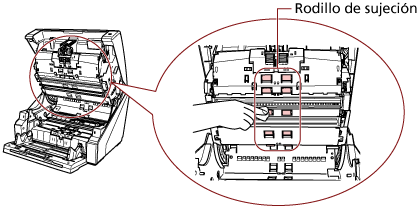 Limpieza del rodillo de sujeción en la parte superior de la ruta del papel