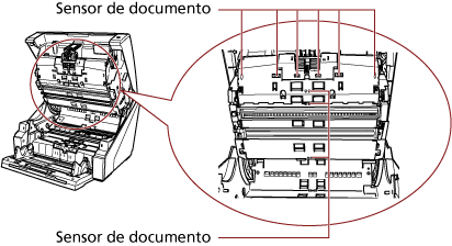 Limpieza de los sensores de documento en la parte superior de la ruta del papel