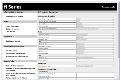 A janela [Informações do scanner] para as Configurações da rede do fi Series